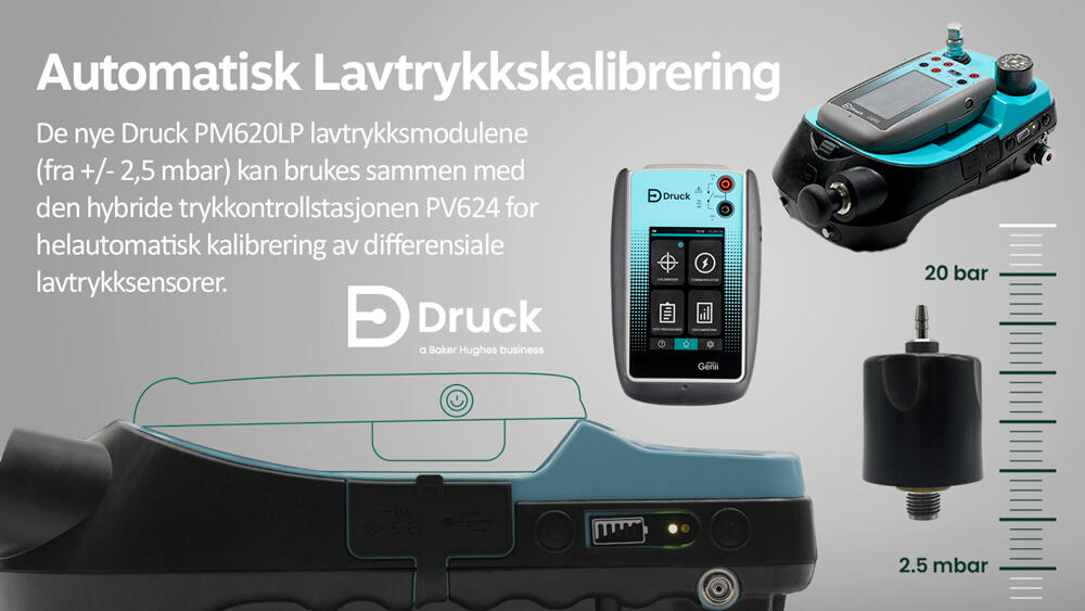 De nye Druck PM620LP lavtrykksmodulene (fra +/- 2,5 mbar) kan brukes sammen med den hybride trykkontrollstasjonen PV624 for helautomatisk kalibrering av differensiale lavtrykksensorer.

